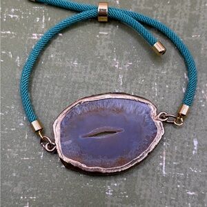 Teal Cord Agate Slice Bracelet with Gold Trim